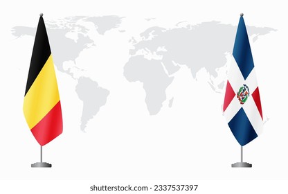 Belgium and Dominican flags for official meeting against background of world map.