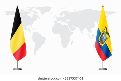 Belgium and Ecuador flags for official meeting against background of world map.