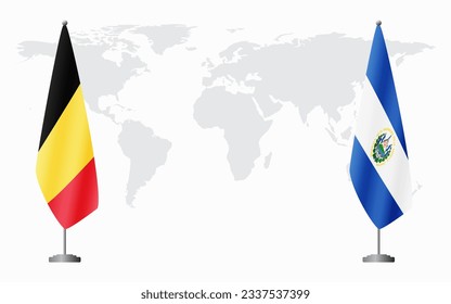 Belgium and El Salvador flags for official meeting against background of world map.