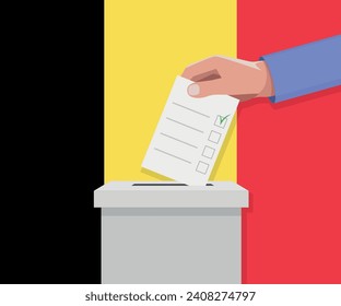 Belgium election concept. Hand puts vote bulletin into vote box.