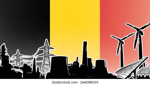 Belgium energy production - vector with sun power, wind generators, atomic and coal power plants and electric lines on poles