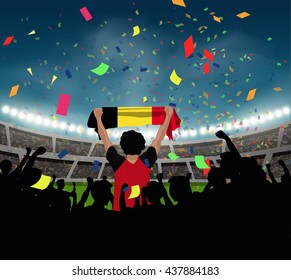 Belgium fan stand up and hand flag in silhouette group to celebrate the team won in the soccer match on the stadium background, with confetti in the night time, design for template in vector format