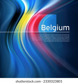 Hintergrund der belgischen Flagge. Abstrakte belgische Flagge am blauen Himmel. Nationales Urlaubskartendesign. Staatsbanner, Belgiumposter, patriotisches Cover, Flyer. Business-Broschüren-Design. Vektorgrafik