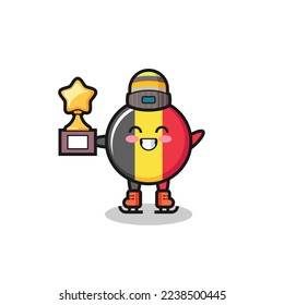 belgium flag badge cartoon as an ice skating player hold winner trophy , cute style design for t shirt, sticker, logo element