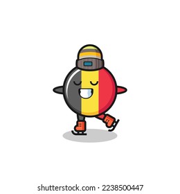 belgium flag badge cartoon as an ice skating player doing perform , cute style design for t shirt, sticker, logo element