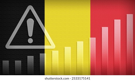 Belgium flag with burlap texture, warning sign, and rising bar chart symbolizing increasing risk or growth challenges in the country. Ideal for data presentations.