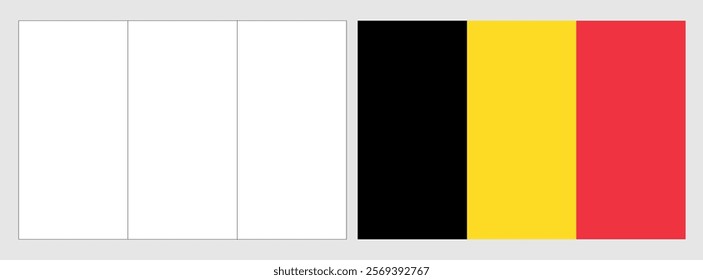 Belgium flag - coloring page. Set of white wireframe thin black outline flag and original colored flag.