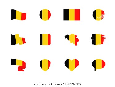 Belgium flag - flat collection. Flags of different shaped twelve flat icons. Vector illustration set