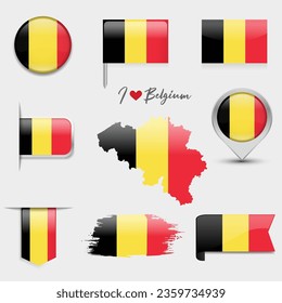 Belgien Flagge - flache Sammlung. Flaggen verschiedener geformter Flachsymbole. Vektorgrafik-Set