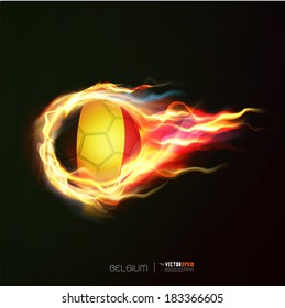 Belgium flag with flying soccer ball on fire isolated black background, vector illustration