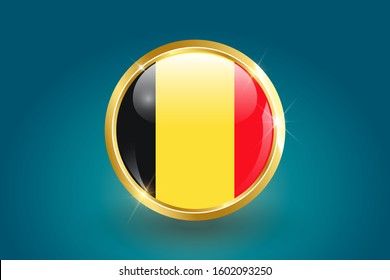 Belgium flag in the form of a circle, can be used for independence day or other events. Belgium icon gold glossy badge button with Belgium flag and shadow on light background. vector illustration. 