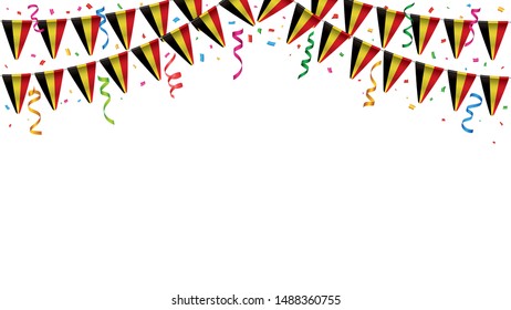 Belgium flag garland white background with confetti, Hanging bunting for Belgian Independence Day celebration template banner, Vector illustration
