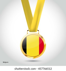 Belgium Flag in gold Medal. Vector Illustration. RIO Olympic Game gold Medal. Vector Illustration