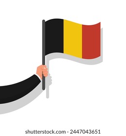 Belgien Flagge in der Hand. Hand mit der Nationalflagge Belgiens. Flaches Design der Vektorillustration. Isoliert auf weißem Hintergrund. Herzlichen Glückwunsch zum belgischen Unabhängigkeitstag.