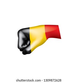 Belgium flag and hand on white background. Vector illustration