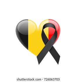 Belgium Flag Heart Icon with Black Ribbon on White Background. Vector illustration