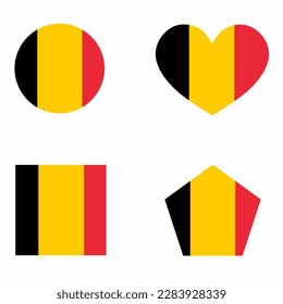 Icono de bandera belga establecido en 4 versiones de forma. Colección de símbolos de bandera nacional con formas cuadradas, redondas, cardíacas, rectangulares y pentágonos.