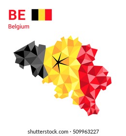Belgium flag map in polygonal geometric style.
Vector illustration of Belgium map in geometric polygonal style, with Brussels marked with a star.