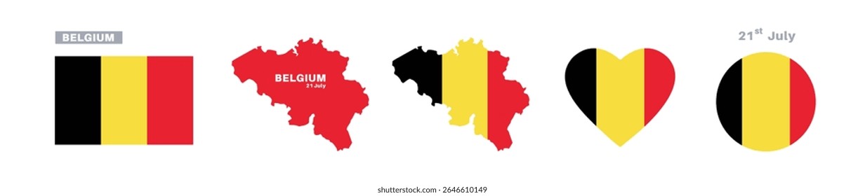 bélgica flag and map set. bélgica flag in official colors and proportions. dia da independência 21 de julho, mapa, círculo e coração em forma de bélgica