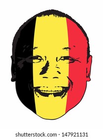 A Belgium flag on a face, isolated against white. 