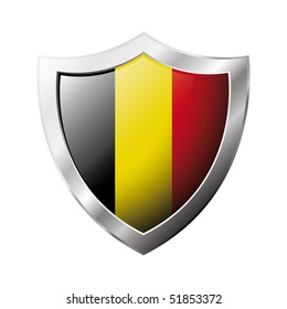 Belgium flag on metal shiny shield vector illustration. Collection of flags on shield against white background. Abstract isolated object.