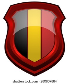 Belgium Flag on a Red Framed Glossy Shield, Vector Illustration.