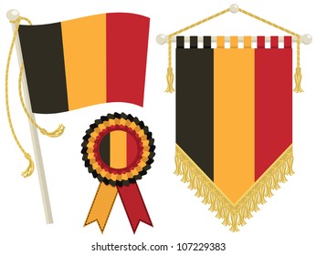 belgium flag, rosette and pennant, isolated on white