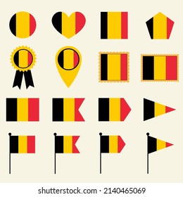Belgium flag set in 16 shape versions. Collection of Belgium flag icons with square, circle, heart, triangle, medal, stamp and location shapes.