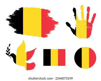 Belgien Flaggensatz, Flagge von Belgien Sammlung. Flagge in Grunge, Dove, Handdruck, Quadrat und Rundform. Vektorgrafik