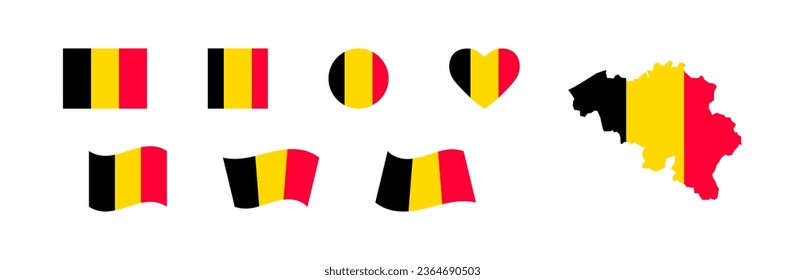 Belgium flag set and county map. Kingdom of Belgium national icon symbols. Isolated vector illustration