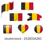 Belgium flag set of icons. Vector flag of Belgium, symbol. Set of Belgian flags brush, button, waved, heart.