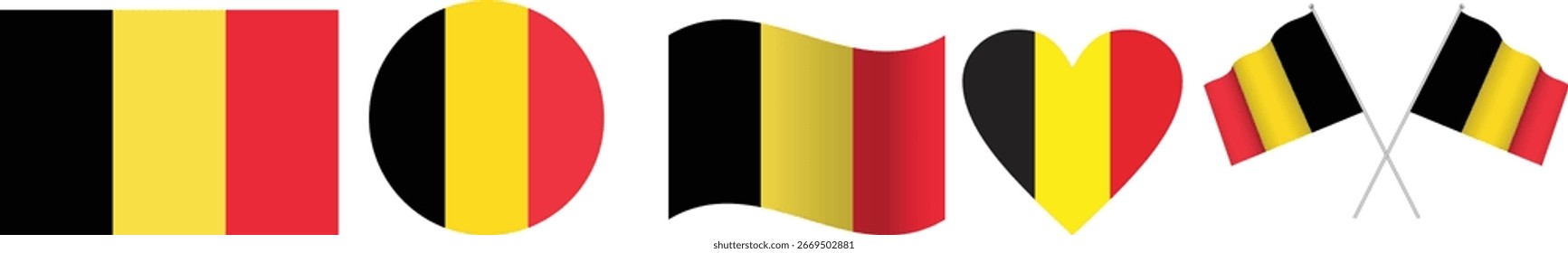 Belgien-Flaggensymbolsatz. Vektorflagge von Belgien, Symbol. Satz belgische Flaggen Rechteck, gewellt, Herz und Kreis	