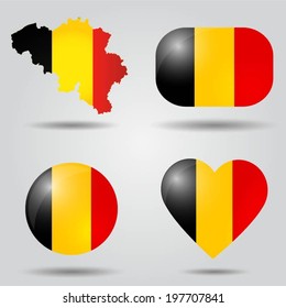 Belgium flag set in map, oval, circular and heart shape.