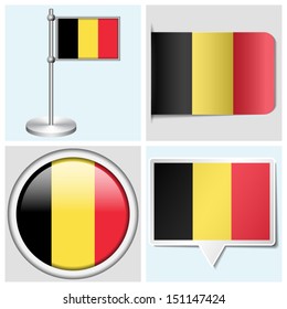 Belgium flag - set of various sticker, button, label and flagstaff