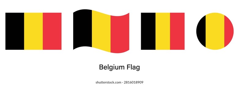Belgium Flag Set with Waving, Circle and Rectangle Shapes Vector Illustration