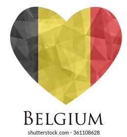 Belgium flag shape heart in geometric rumpled triangular low poly origami style graphic illustration,mosaic polygonal style.Symbol of love to country.Retro or vintage style background.