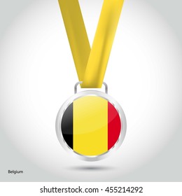 Belgium Flag in Silver Medal. Vector Illustration. RIO Olympic Game silver Medal. Vector Illustration