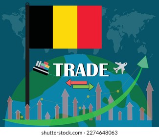 Belgium flag standing with their world wise trade concept vector design. isolated on dark blue background.