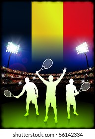 Belgium Flag and Tennis Player on Stadium Background Original Illustration