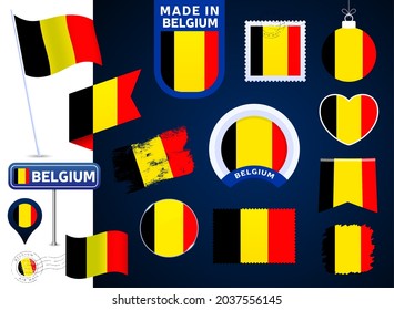 belgium flag vector collection. big set of national flag design elements in different shapes for public and national holidays in flat style. Post mark, made in, love, circle, road sign, wave