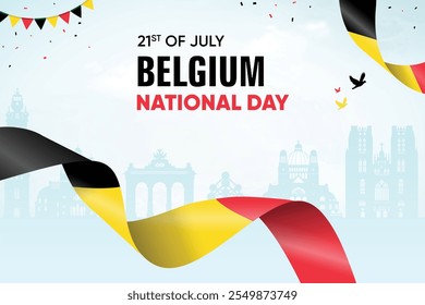 Belgium Flag Waving On Skyline Background. National Day Concept Design Vector Illustration.