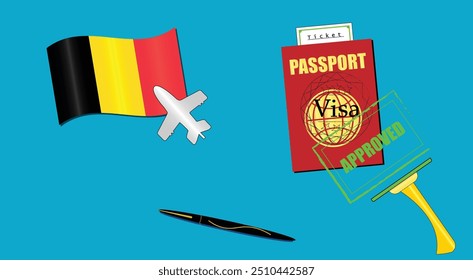 Belgium flag with white plane icon. Passport with visa approved stamp. Black stylish Pen. Belgium Travel poster. Editable vector EPS available