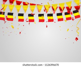 Belgium flags Celebration background template with confetti and red and Yellow ribbons.