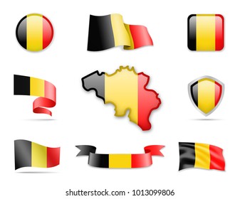 Belgium Flags Collection. Flags and contour map. Vector illustration
