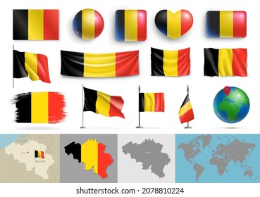 Belgium flags of various shapes and geographic map set. Realistic Belgian flags, glossy buttons in patriotic colors, highly detailed map and globe with identification pin vector illustration