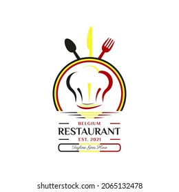 Belgium Food Restaurant Logo. Belgium flag symbol with Spoon, chef hat, knife, and Fork icons. Premium and Luxury Logo