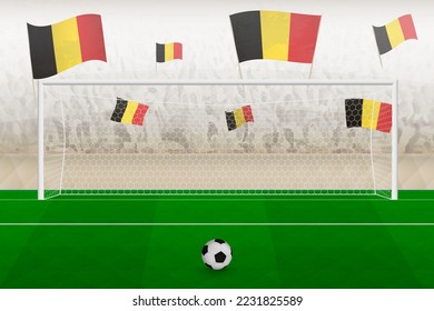 Belgium football team fans with flags of Belgium cheering on stadium, penalty kick concept in a soccer match. Sports vector illustration.