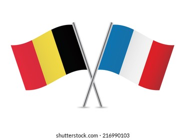 Belgium and France crossed flags. Belgian and French flags on white background. Vector icon set. Vector illustration.