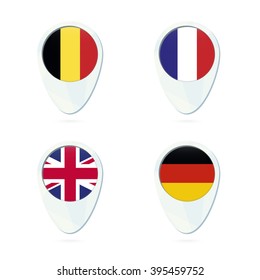 Belgium, France, United Kingdom, Germany flag location map pin icon. Belgium Flag, France Flag, UK Flag, Germany Flag. Vector Illustration.