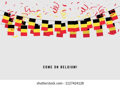 Belgium garland flag with confetti on gray background, Hang bunting for Belgium celebration template banner. vector